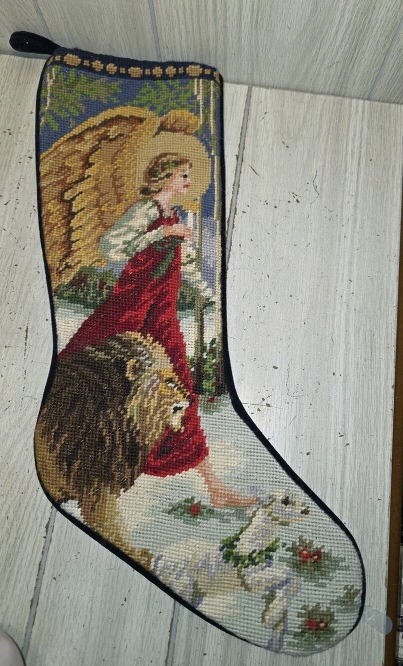 Vtg Needlepoint Stockig Angel Lion And Lamb Angel Of Divinity Christmas Holiday